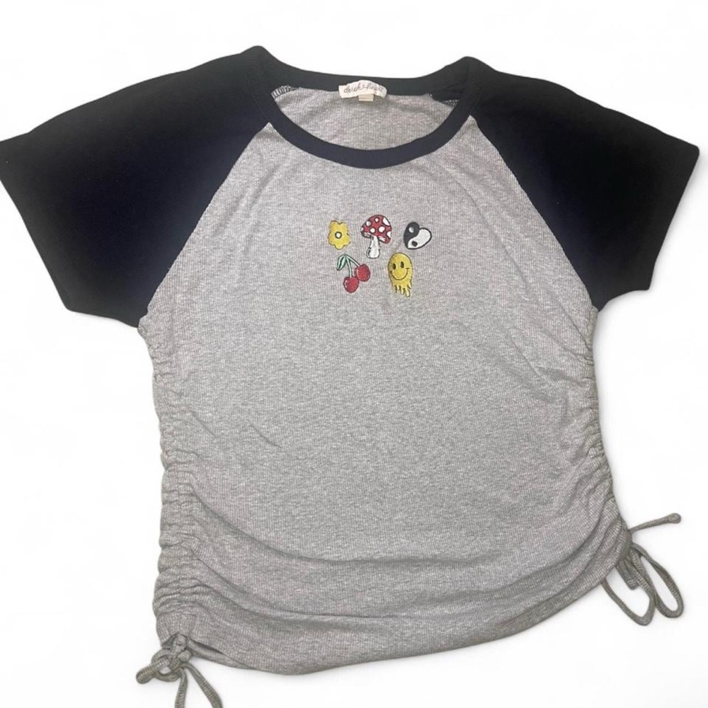Gray and Black Graphic Tee with Drawstring